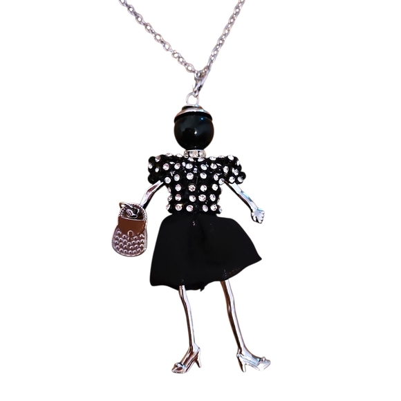 Black, Silver, & Rhinestone Doll Pendant Necklace, NWT - Picture 1 of 3
